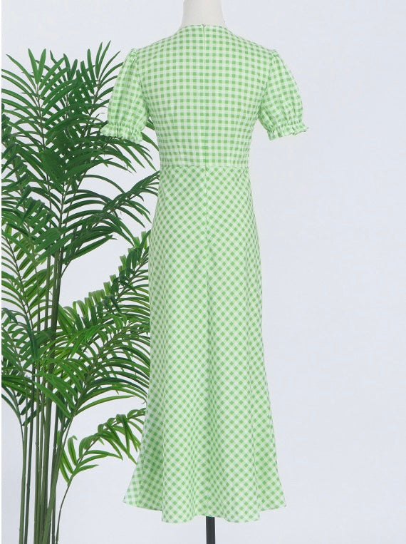 V neck green plaided midi dress