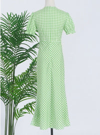 V neck green plaided midi dress