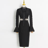 Flounce sleeve embellished eyelet embroidered waist cut out midi dress