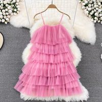 Spaghetti strap meshes layers hem dress