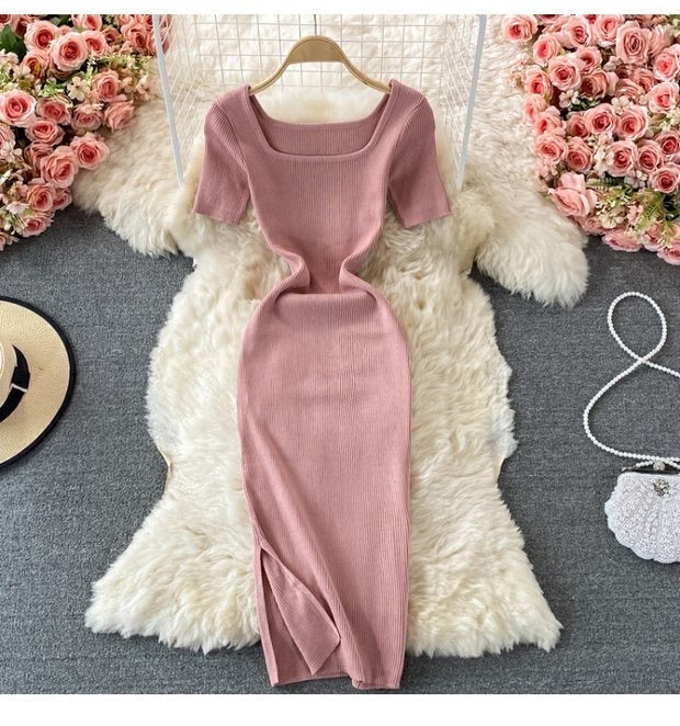 Short sleeve square neck knit slit dress