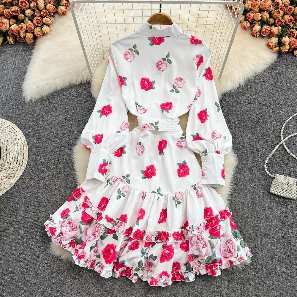 Belted ruffle tiered Roses dress