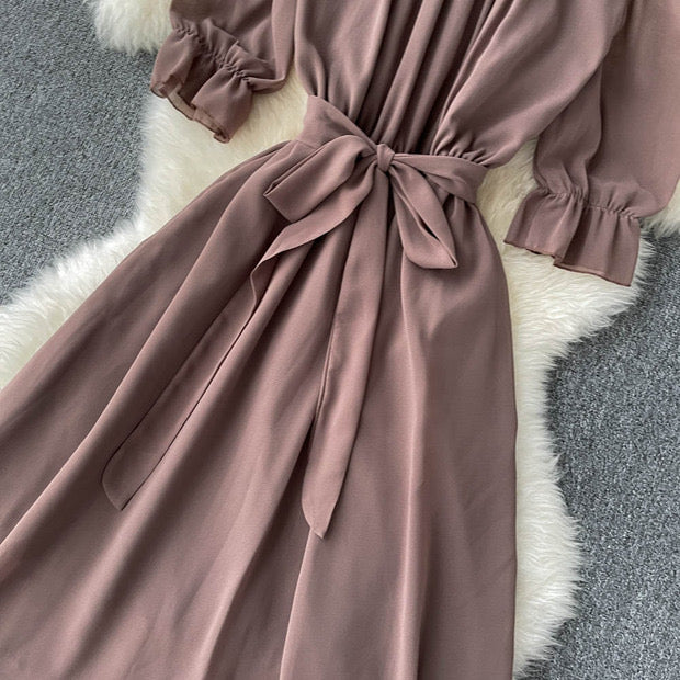 Flowy off shoulder belted maxi dress