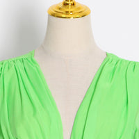 Side ruffle lace up back green maxi dress