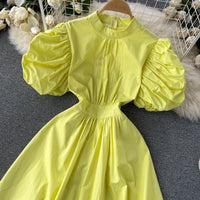 Puff sleeve mock neck solid colour midi dress