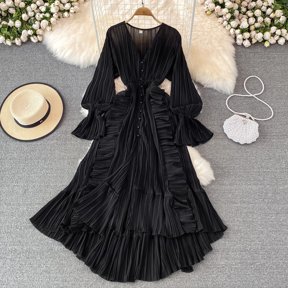 V neck button down side ruffle plisse midi dress