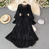 V neck button down side ruffle plisse midi dress