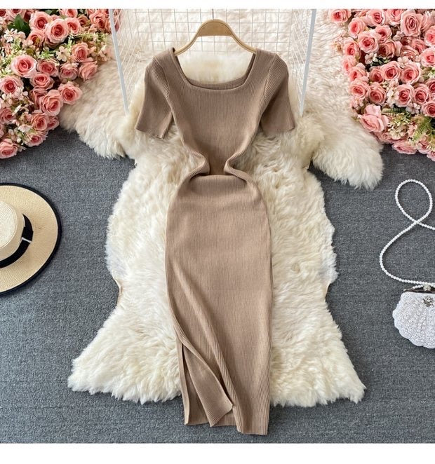 Short sleeve square neck knit slit dress