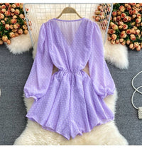 Long sleeve V neck polka dot romper