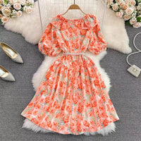 Pearl belted flappy heart neck floral dress