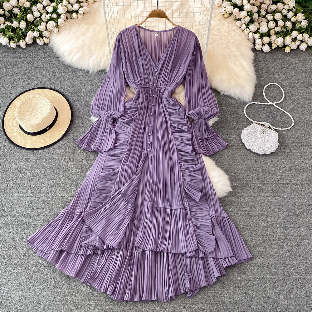 V neck button down side ruffle plisse midi dress