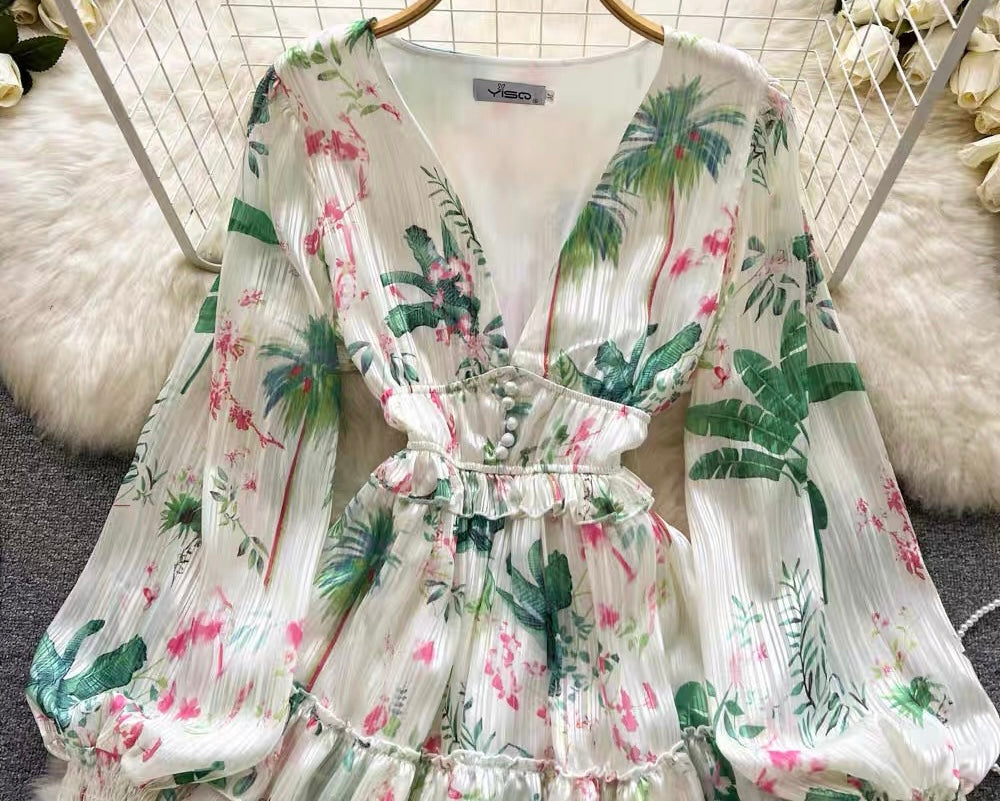 Cuff sleeve V neck floret ruffle mini dress