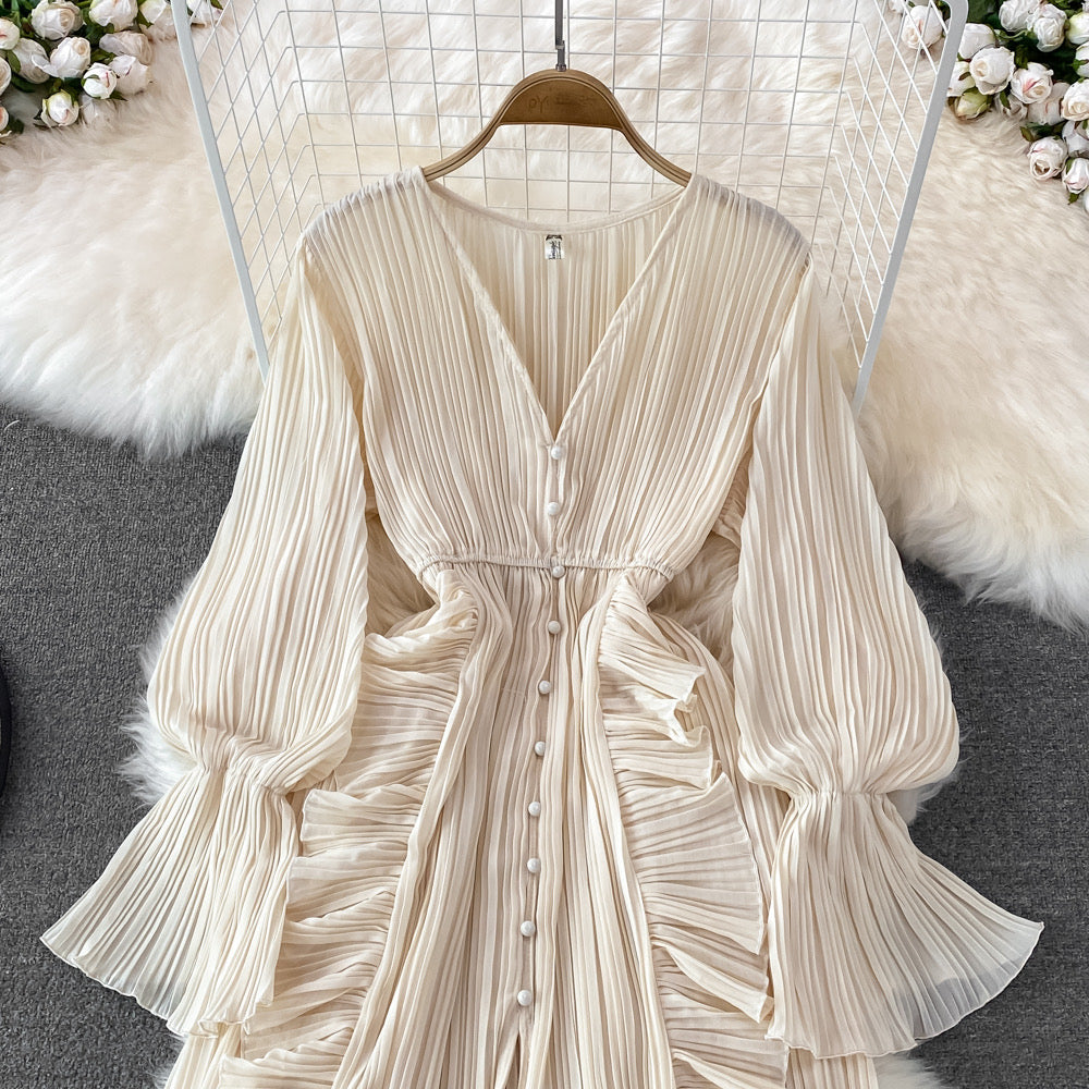 V neck button down side ruffle plisse midi dress