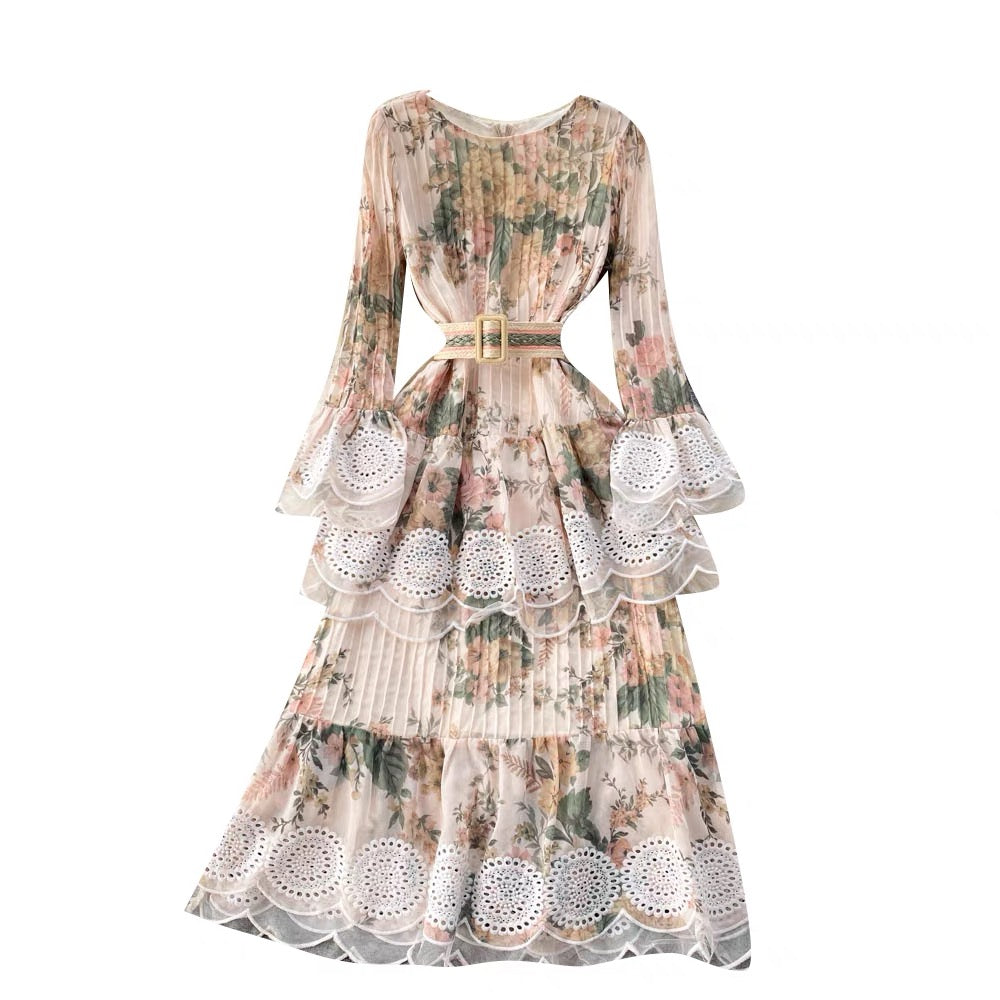 Beautiful floral layers embellished lace trim midi dress