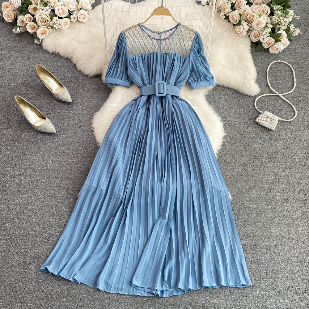 Belted round neck pleated midi dress