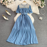 Belted round neck pleated midi dress