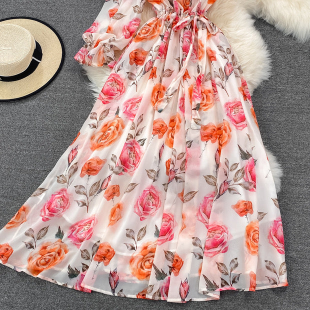 Poet sleeve one shoulder floral maxi dress