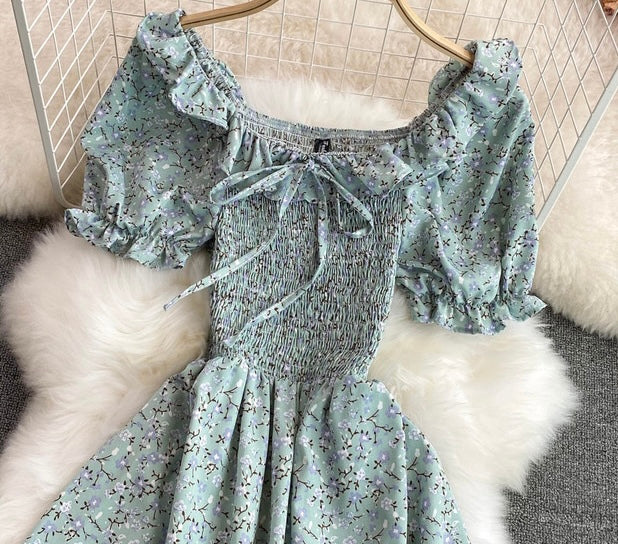 Off shoulder shirred bodice floral maxi dress