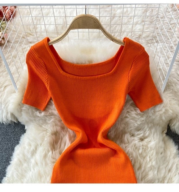 Short sleeve square neck knit slit dress
