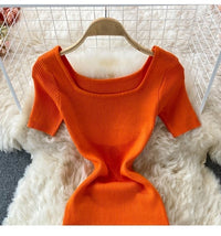 Short sleeve square neck knit slit dress