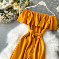 Off shoulder waist tie ruffle jumpsuit