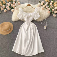 Back bowknot smocked bodice solid white midi dress