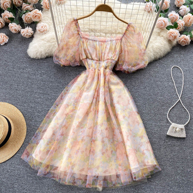 Floral watercolour on mesh lace puff dress