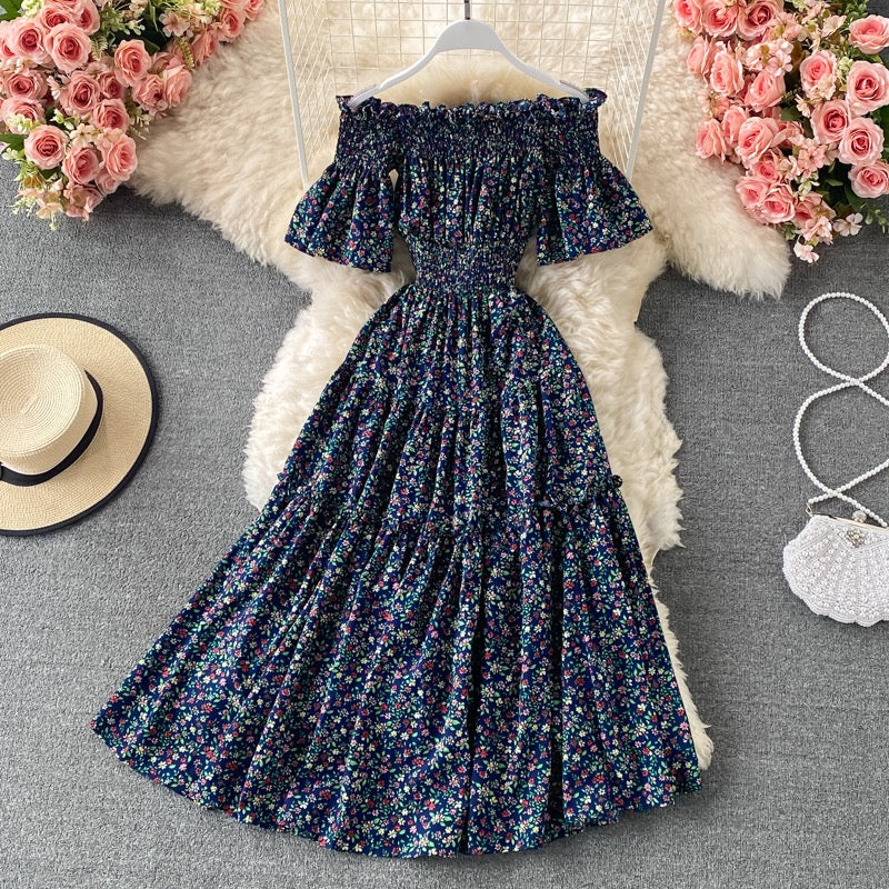 Mini floral Flounce sleeve off shoulder tiered midi dress