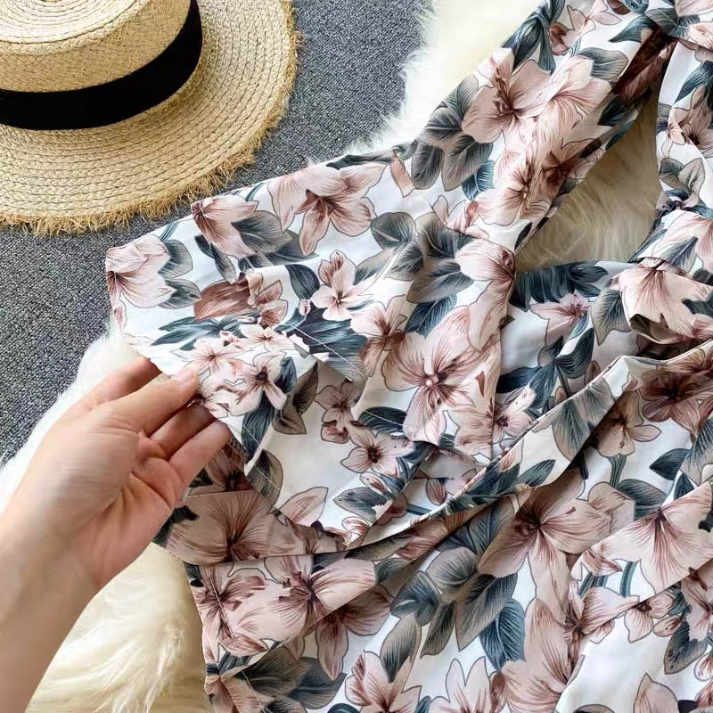 Off shoulder flare sleeve floral romper