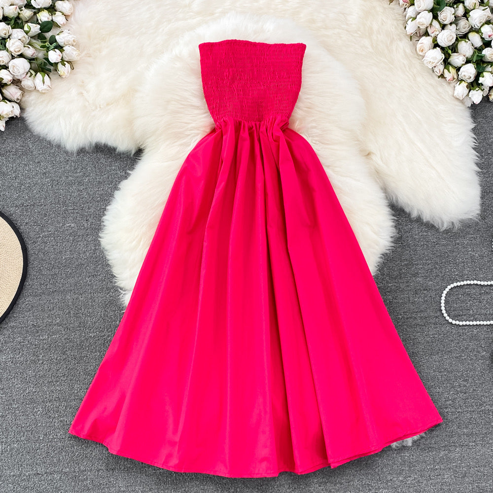 Strapless smocked bodice solid colour midi dress