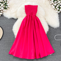 Strapless smocked bodice solid colour midi dress