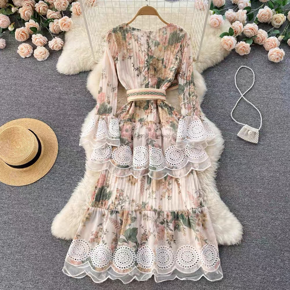 Beautiful floral layers embellished lace trim midi dress