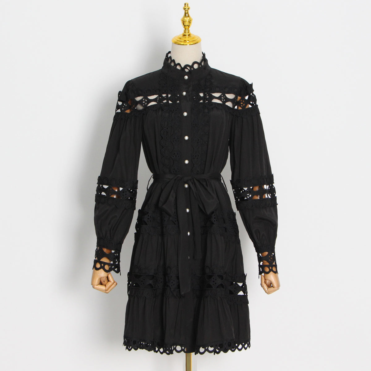 Belted button through embellished lace A line dress