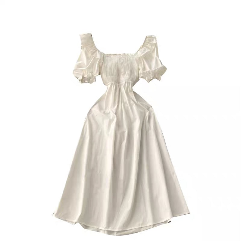 Back bowknot smocked bodice solid white midi dress