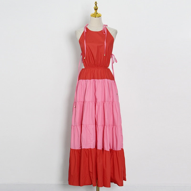 Halter tie shoulder cut out tiered maxi dress