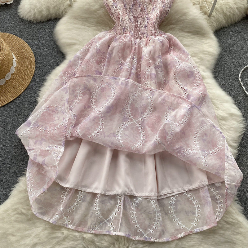 Butterfly sleeve smocked bodice embellished eyelet embroidery midi dress
