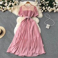 Belted round neck pleated midi dress