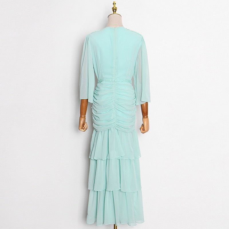 V neck ruched waist ruffle layers maxi dress