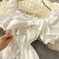 Back bowknot smocked bodice solid white midi dress