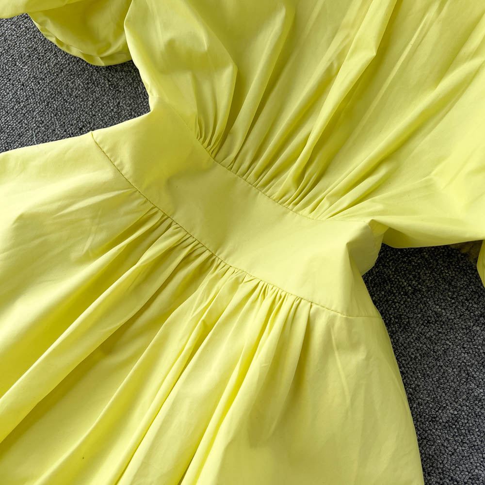 Puff sleeve mock neck solid colour midi dress