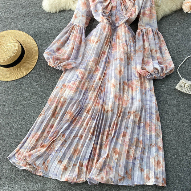 Balloon sleeve ruffle V neck pleated dress