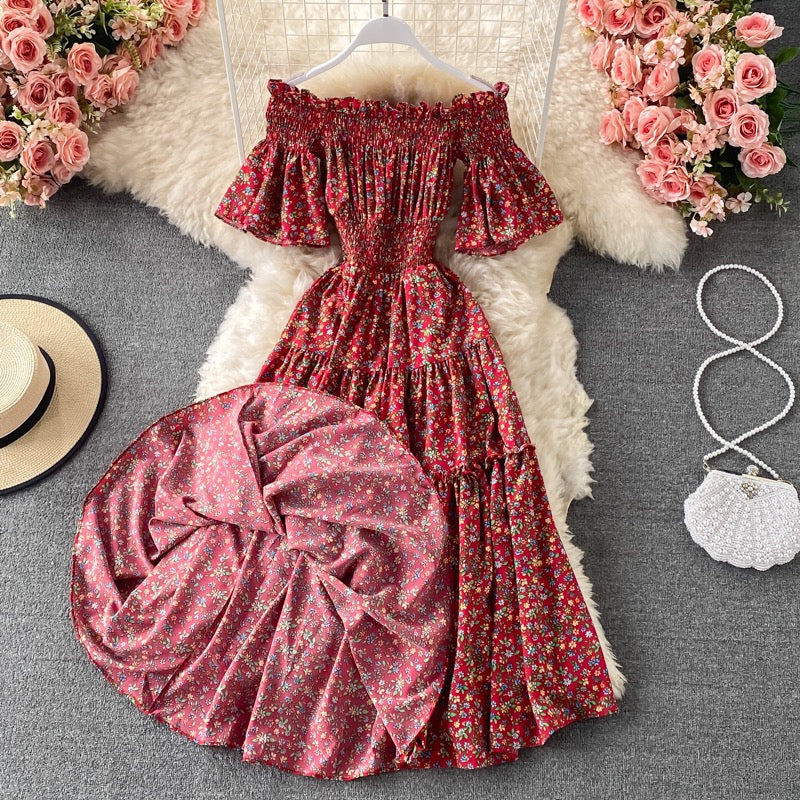 Mini floral Flounce sleeve off shoulder tiered midi dress