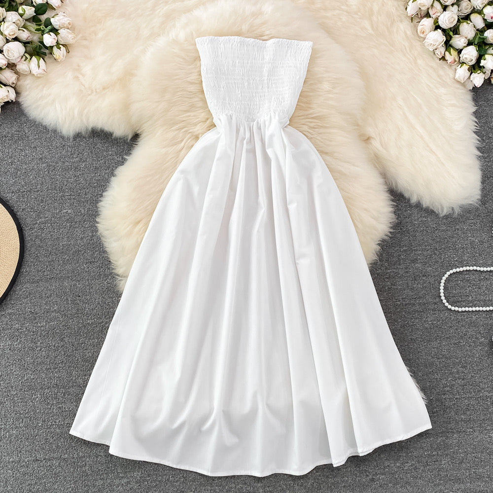 Strapless smocked bodice solid colour midi dress