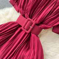 Belted round neck pleated midi dress