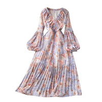 Balloon sleeve ruffle V neck pleated dress