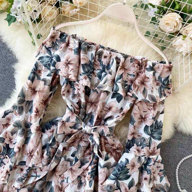 Off shoulder flare sleeve floral romper