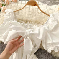 Back bowknot smocked bodice solid white midi dress