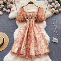 Floral watercolour on mesh lace puff dress