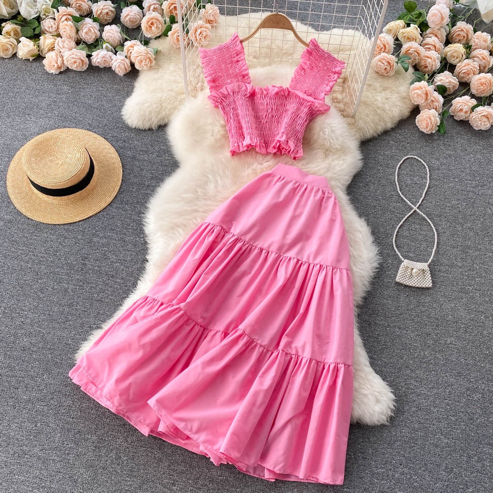Smocked bodice crop top and prairie skirt set