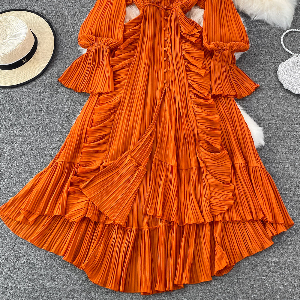 V neck button down side ruffle plisse midi dress